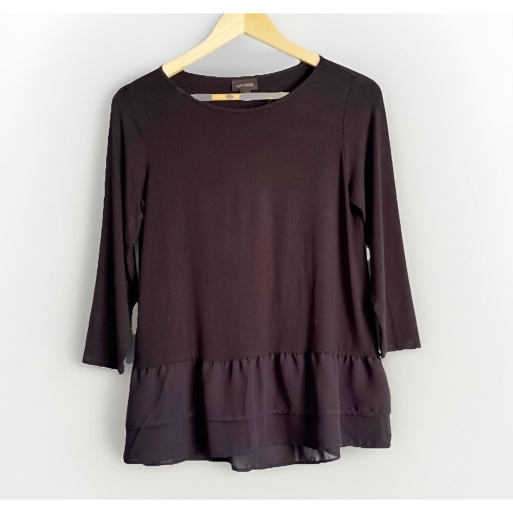 J.Jill Wearever Black Tunic Top Sz XS 3/4 Sleeve Sheer Ruffle Hem 3/4 Sleeves